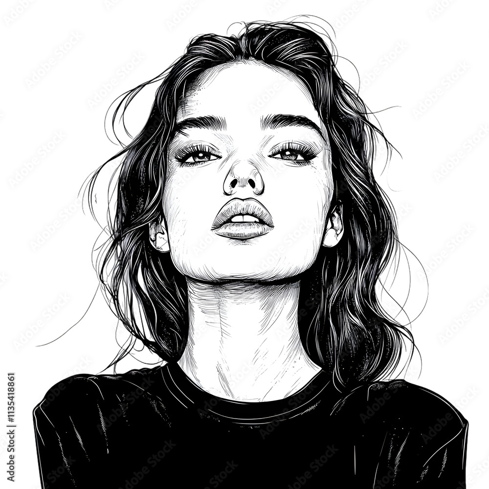 Contemporary Portrait of a Young Woman with Flowing Hair in Black and White Artistic Style Contemporary Portrait of a Young Woman with Flowing Hair in Black and White Artistic Style