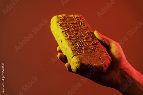 Fotografía hands holding an Egyptian antiquity cuneiform clay tablet