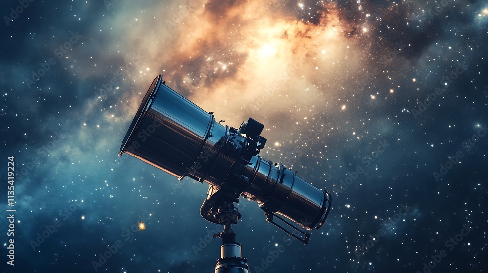Telescope in the night sky. Concept of astronomy, exploration, and discovery. Telescope in the night sky. Concept of astronomy, exploration, and discovery.