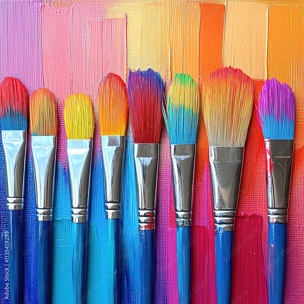 Fototapeta premium Vibrant paint application techniques studio art supplies colorful background overhead angle creativity unleashed