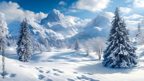 Winter wonderland landscape with snow covered mountains and trees. Concept of serene winter nature.