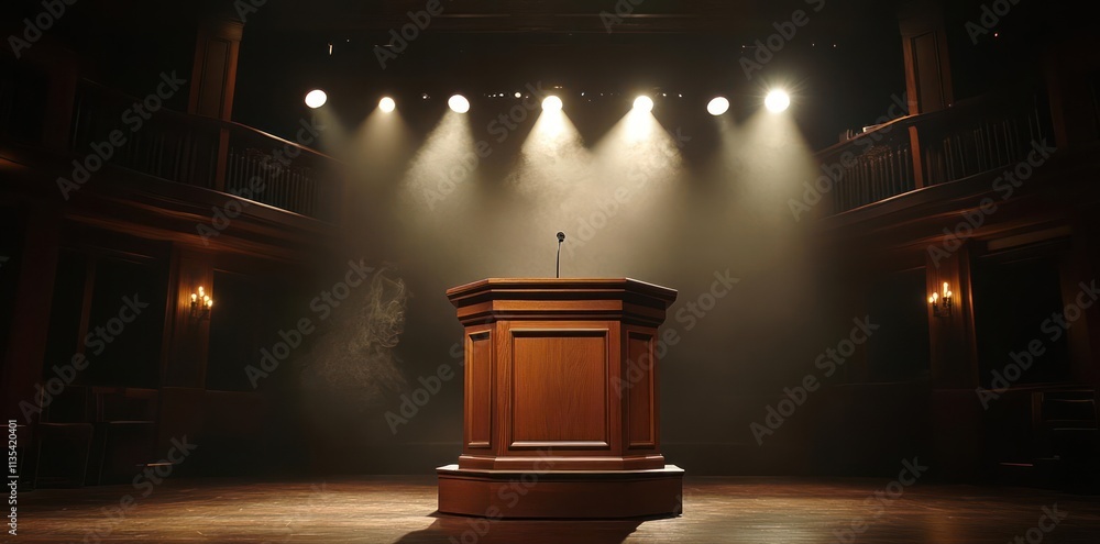 A wooden podium under spotlight in a dimly lit auditorium, ready for a speech or presentation. A wooden podium under spotlight in a dimly lit auditorium, ready for a speech or presentation.