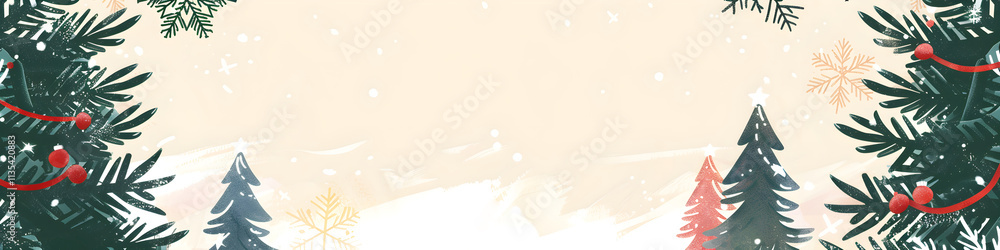 Illustration of pine trees with snow and red berries on a white background. Christmas banner with winter landscape. Holiday illustration for festive invitation, card. Illustration of pine trees with snow and red berries on a white background. Christmas banner with winter landscape. Holiday illustration for festive invitation, card.