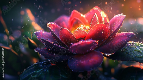 Rain-kissed red flower in sunlight.