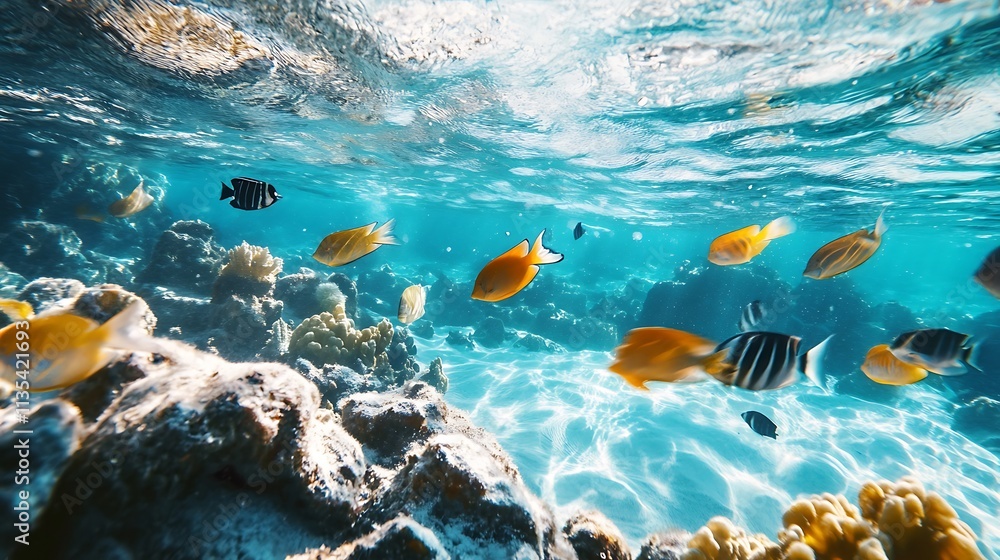 Fototapeta premium Tropical Fish Schooling Over Coral Reef. Underwater Ocean Scene.