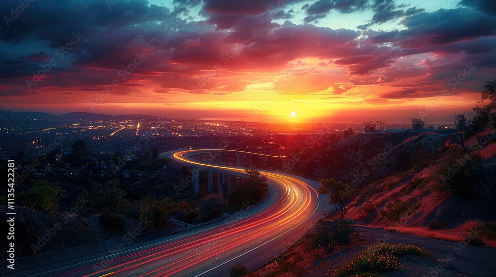 A vibrant sunset over a winding road, highlighting city lights and dynamic traffic trails. A vibrant sunset over a winding road, highlighting city lights and dynamic traffic trails.