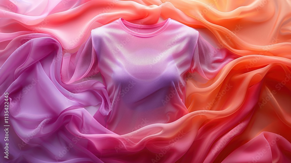 Obraz premium A vibrant t-shirt surrounded by flowing, colorful fabric in shades of pink and orange.