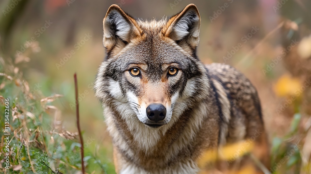 Gray Wolf in Autumn Forest. Wildlife, Nature, Predator Gray Wolf in Autumn Forest. Wildlife, Nature, Predator