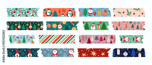 Christmas washi tapes, template set with winter elements. Digital adhesive tape for scrapbooking, printing, web design.