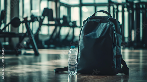 A sporty backpack unzipped with a water bottle peeking out, placed on a gym floor photo