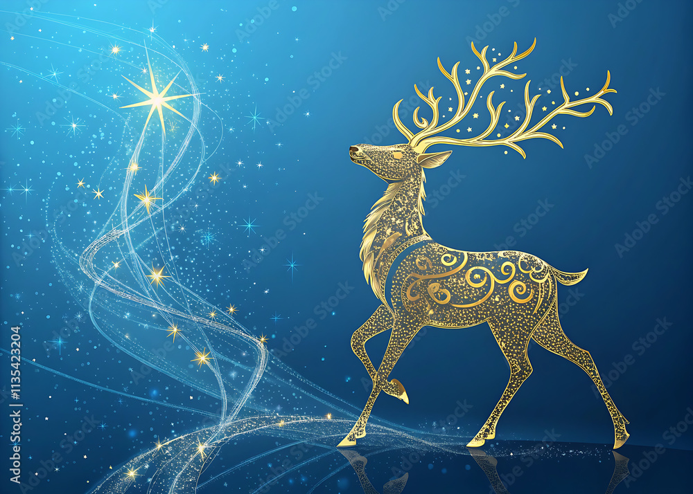 Christmas - Magic Golden Deer In Shiny Blue Background Christmas - Magic Golden Deer In Shiny Blue Background