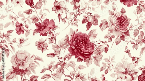 Elegant Toile De Jouy Vintage Floral Pattern with Delicate Flowers and Birds