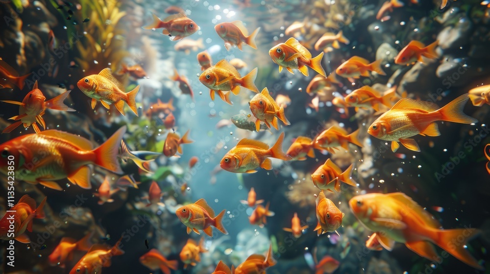 Fototapeta A vibrant underwater scene filled with goldfish swimming among aquatic plants and bubbles.