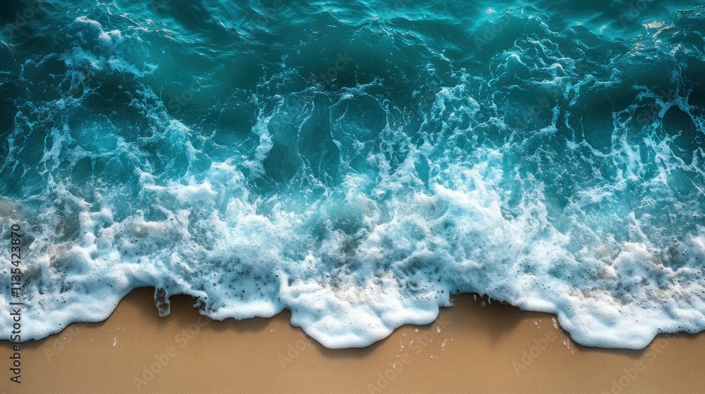 Foamy ocean waves crashing on a sandy beach. Top down view. Foamy ocean waves crashing on a sandy beach. Top down view.