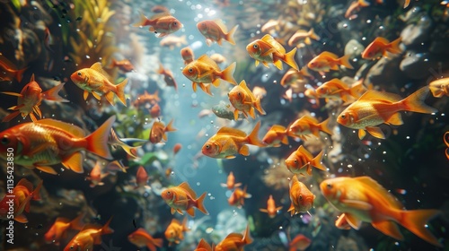 A vibrant underwater scene filled with goldfish swimming among aquatic plants and bubbles.