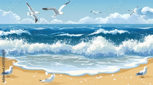 Seagulls Soaring Over Turquoise Ocean Waves with Splashes and Sandy Beach Under a Bright Blue Sky, Ideal for Posters and Nautical Themes photo