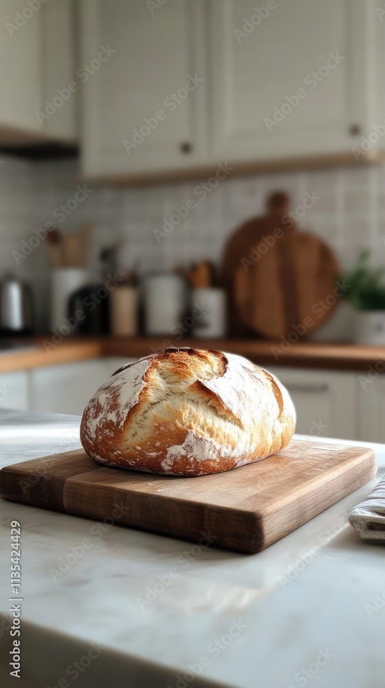 A freshly baked loaf of bread resting on a wooden cutting board in a cozy kitchen setting.