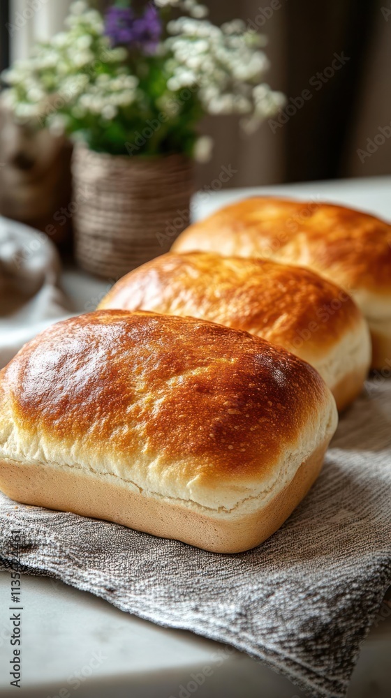 Three freshly baked loaves of bread on a textured cloth with a floral arrangement in the background. Three freshly baked loaves of bread on a textured cloth with a floral arrangement in the background.