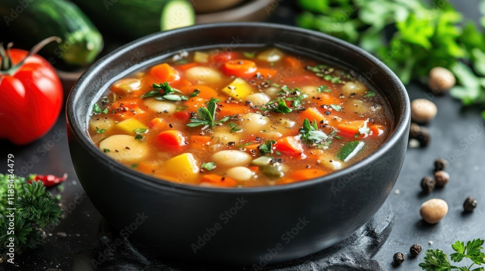 A hearty vegetable soup in a bowl, surrounded by fresh ingredients and herbs. A hearty vegetable soup in a bowl, surrounded by fresh ingredients and herbs.