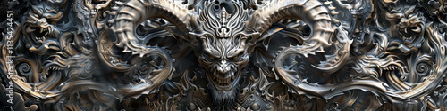 3D Render of Ornate Demonic Head with Dragon Motifs