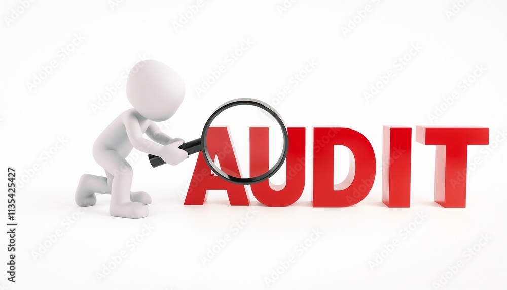 A 3D render of a character examining the word 'Audit' through a magnifying glass, symbolizing scrutiny, checks, or investigation processes in auditing or related concepts. Ideal for business or educat A 3D render of a character examining the word 'Audit' through a magnifying glass, symbolizing scrutiny, checks, or investigation processes in auditing or related concepts. Ideal for business or educat