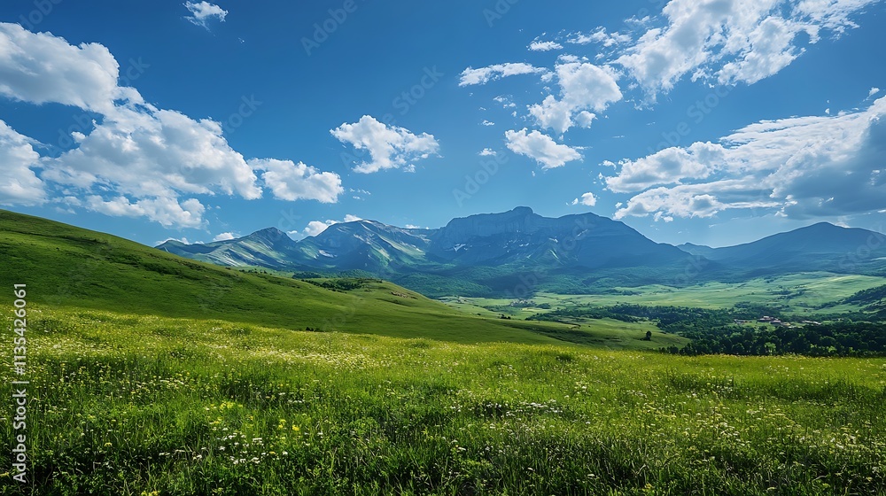Green valley with mountains and blue sky. Scenic landscape. Green valley with mountains and blue sky. Scenic landscape.