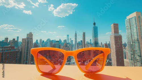 Vibrant Orange Sunglasses in Foreground with a Stunning Skyline View of New York City Under a Bright Blue Sky and Fluffy Clouds photo