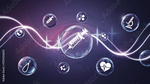 Animation of Floating Medical Icons Interconnected by Light Trails on a Dark Purple Backdrop