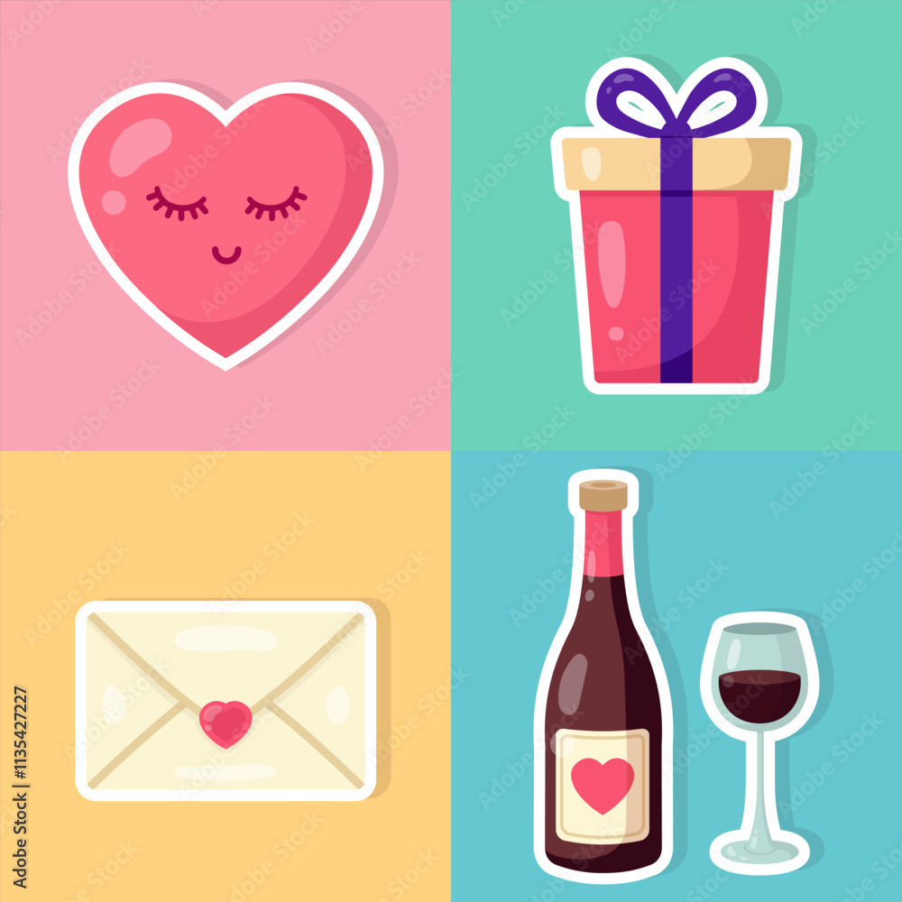 Set of sty. Valentines day. Cute holiday elements. Vector illustration in flat style Set of sty. Valentines day. Cute holiday elements. Vector illustration in flat style