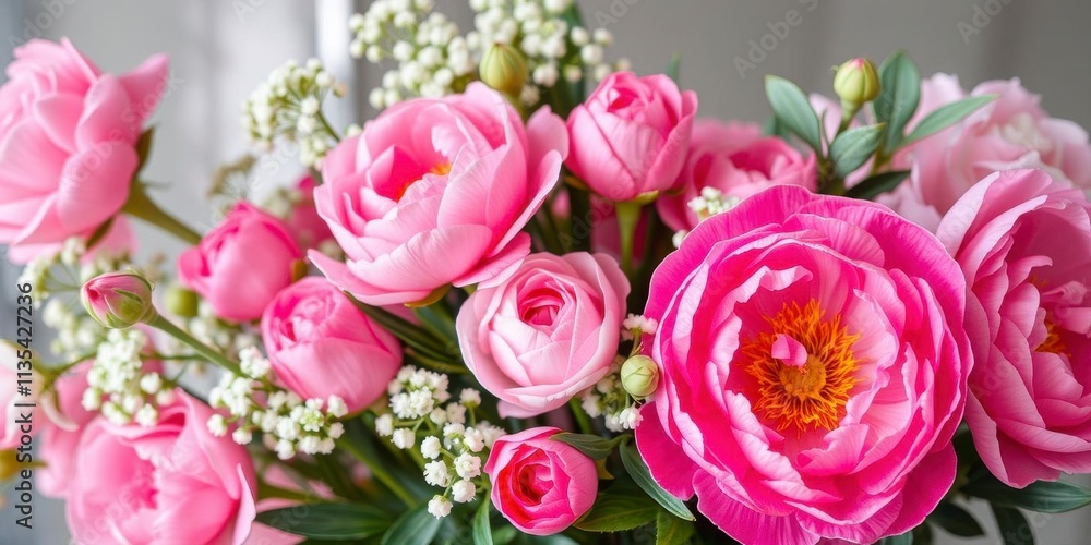 Beautiful and vibrant bunch of fresh pink peonies and roses with space for text, floral, pink, flowers Beautiful and vibrant bunch of fresh pink peonies and roses with space for text, floral, pink, flowers
