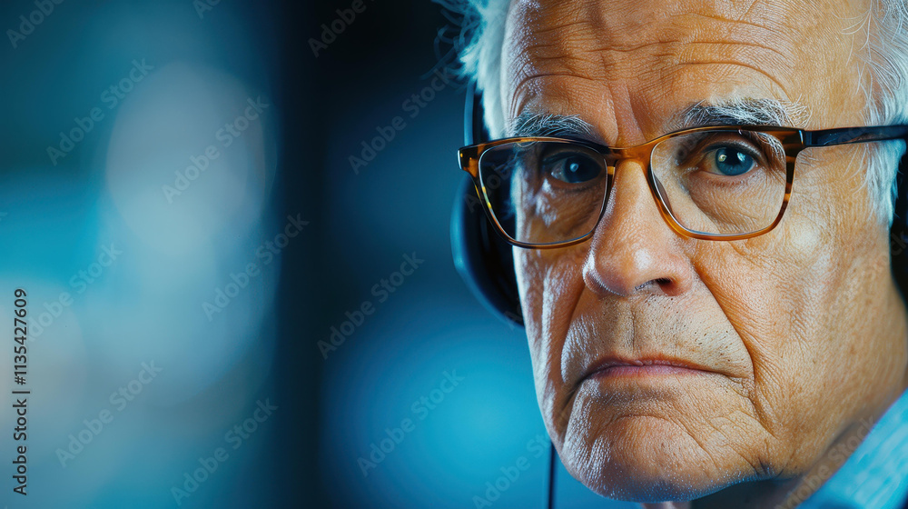 A senior businessman in a headset focuses on his computer, showcasing dedication and professionalism in the office. A senior businessman in a headset focuses on his computer, showcasing dedication and professionalism in the office.