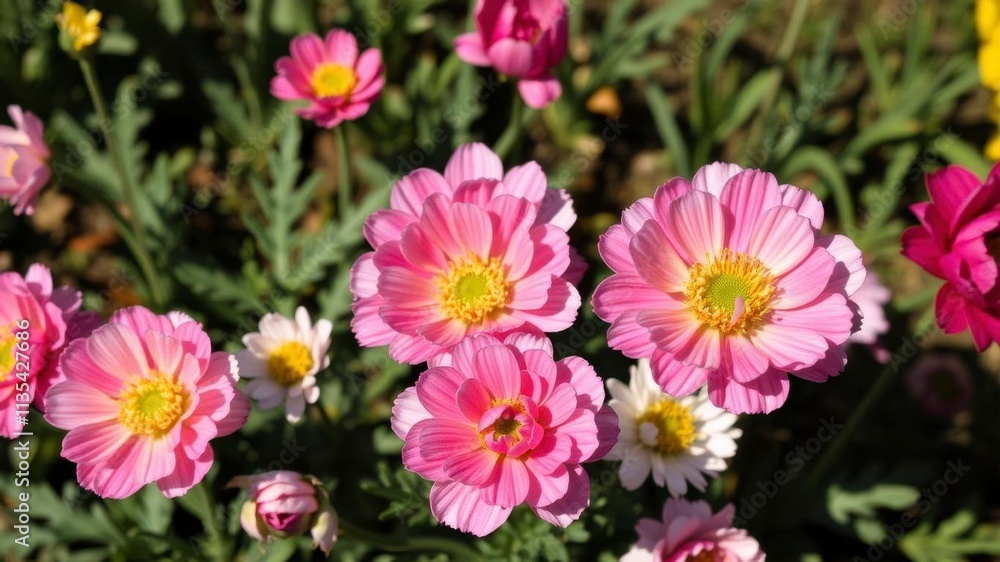 Close-up of beautiful pink and white ranunculus flowers blooming in a garden, floral, flora, ranunculus Close-up of beautiful pink and white ranunculus flowers blooming in a garden, floral, flora, ranunculus