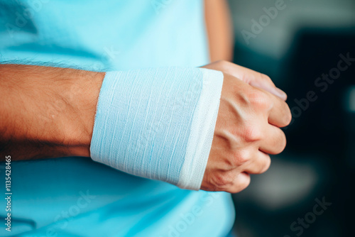 Bandaged wrist showing treatment of inflammation, arthritis, or a wrist fracture. photo