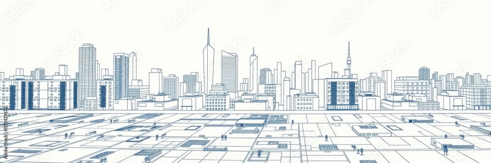Fototapeta premium Modern apartment building with floor plans and blueprints on a table, architectural drawing, design, blueprint paper