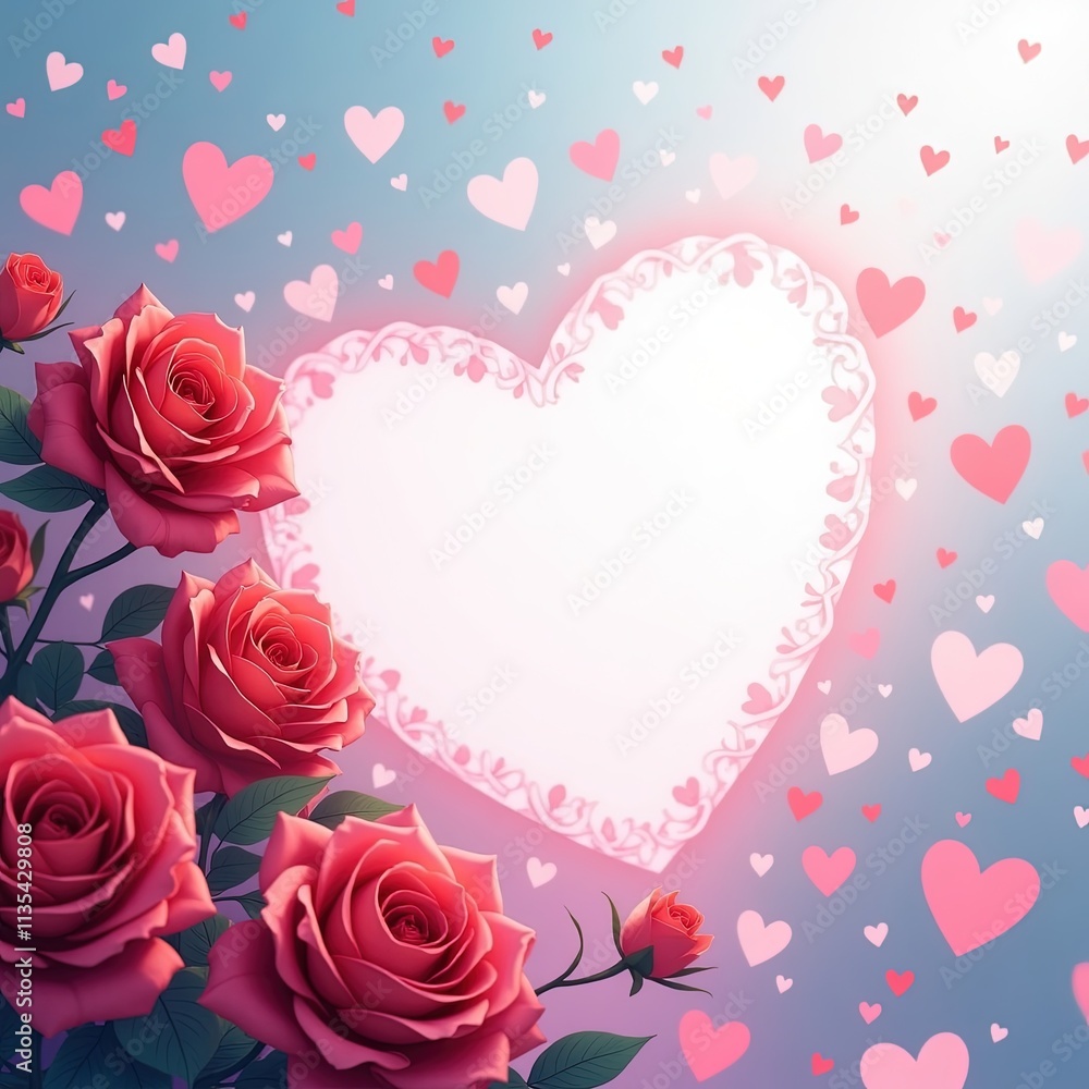 Composición elegante de un ramo de rosas rojas y corazones, con un corazón en el centro para escribir ideal para anuncios de San Valentín y decoraciones románticas Composición elegante de un ramo de rosas rojas y corazones, con un corazón en el centro para escribir ideal para anuncios de San Valentín y decoraciones románticas