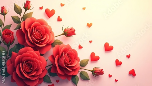 Composición artística de San Valentín con rosas y corazones, fondo vainilla y espacio para texto personalizado. Tarjeta de san Valentín