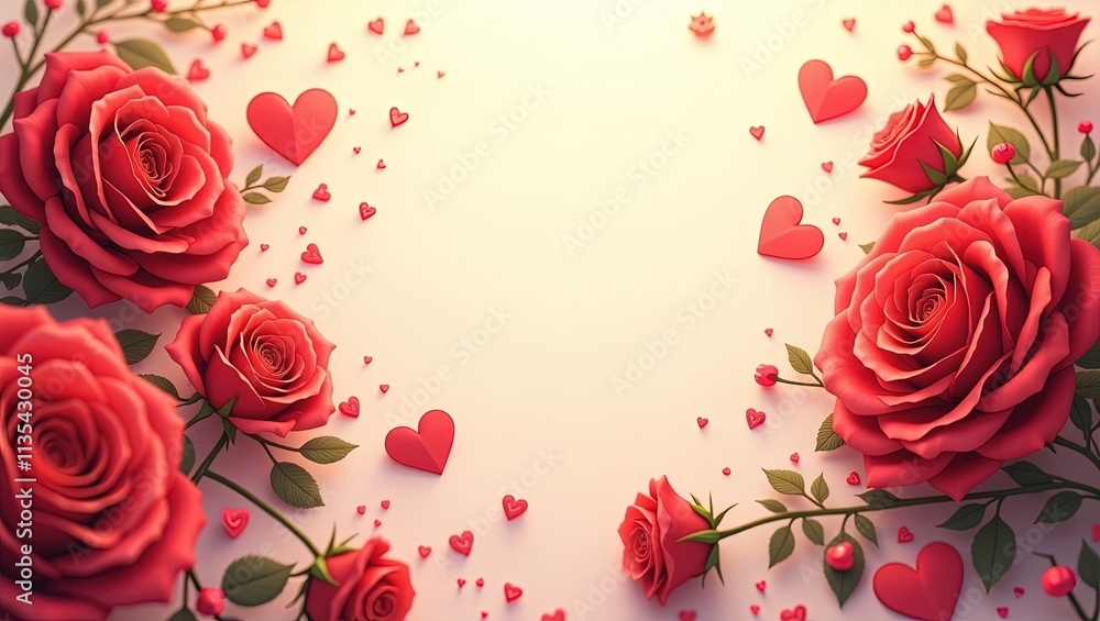 Tarjeta de San Valentín con diseño de rosas y corazones, fondo vainilla y área amplia para mensaje amoroso Tarjeta de San Valentín con diseño de rosas y corazones, fondo vainilla y área amplia para mensaje amoroso