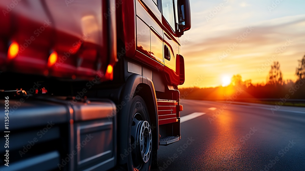 Red Semi Truck on Highway at Sunset. Concept of Transportation, Logistics, and Delivery. Red Semi Truck on Highway at Sunset. Concept of Transportation, Logistics, and Delivery.