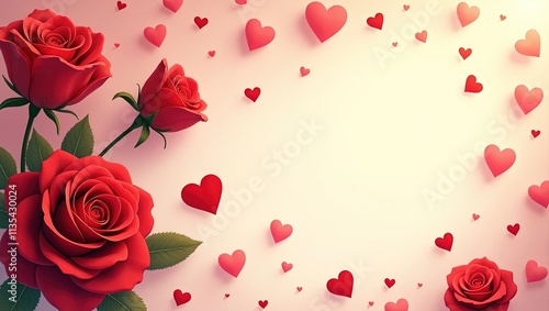 Diseño romántico con rosas y corazones rojos sobre fondo vainilla y espacio para escribir un mensaje amoroso. Tarjeta de san Valentín