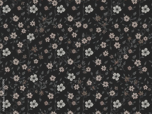 Seamless charcoal small floral elements wallpaper with delicate blooms and foliage, texture, small, blooms