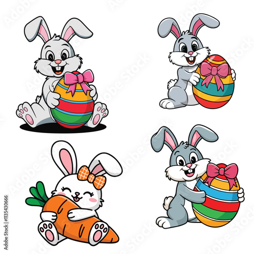 Easter day with cartoon cute happy bunny holding colorful egg