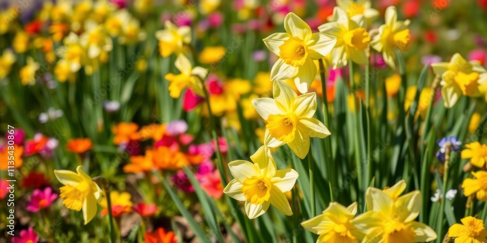Vibrant daffodil flowers blooming in a sunny field, daffodils, outdoors, colorful Vibrant daffodil flowers blooming in a sunny field, daffodils, outdoors, colorful