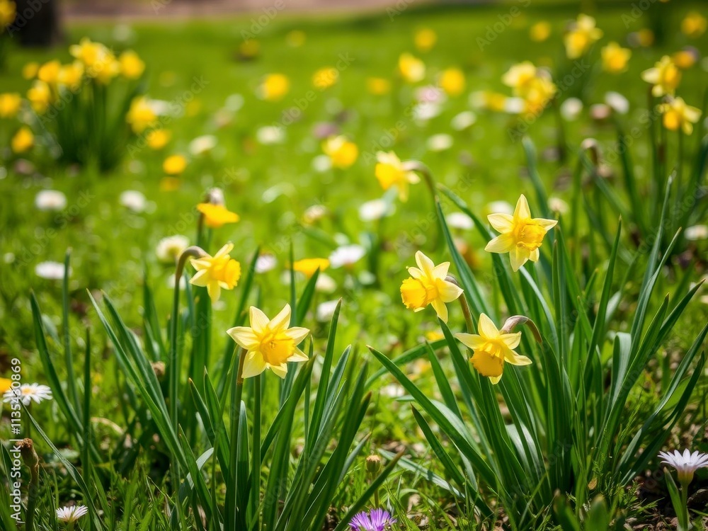 Vibrant daffodil flowers blooming in a vast field under the bright sun, landscape, beauty, vibrant Vibrant daffodil flowers blooming in a vast field under the bright sun, landscape, beauty, vibrant