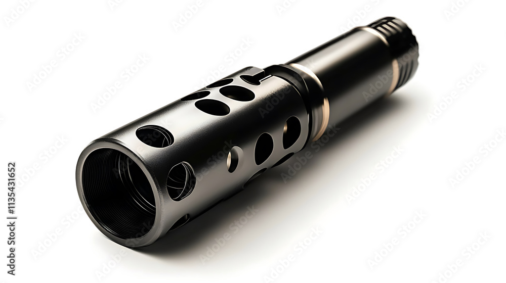 detailed photo of rifle barrel muzzle brake showcasing its design and features. sleek black finish highlights its functionality and craftsmanship detailed photo of rifle barrel muzzle brake showcasing its design and features. sleek black finish highlights its functionality and craftsmanship