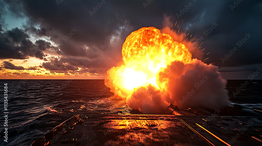 dramatic image of warship firing its main guns, creating fiery ...