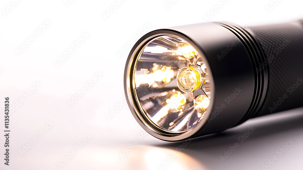 macro shot of tactical flashlight showcasing its bright LED lights and sleek design. Perfect for outdoor adventures and emergency situations macro shot of tactical flashlight showcasing its bright LED lights and sleek design. Perfect for outdoor adventures and emergency situations