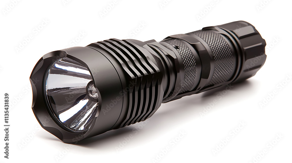 macro shot of tactical flashlight showcasing its sleek design and powerful beam. Ideal for outdoor activities and emergency situations