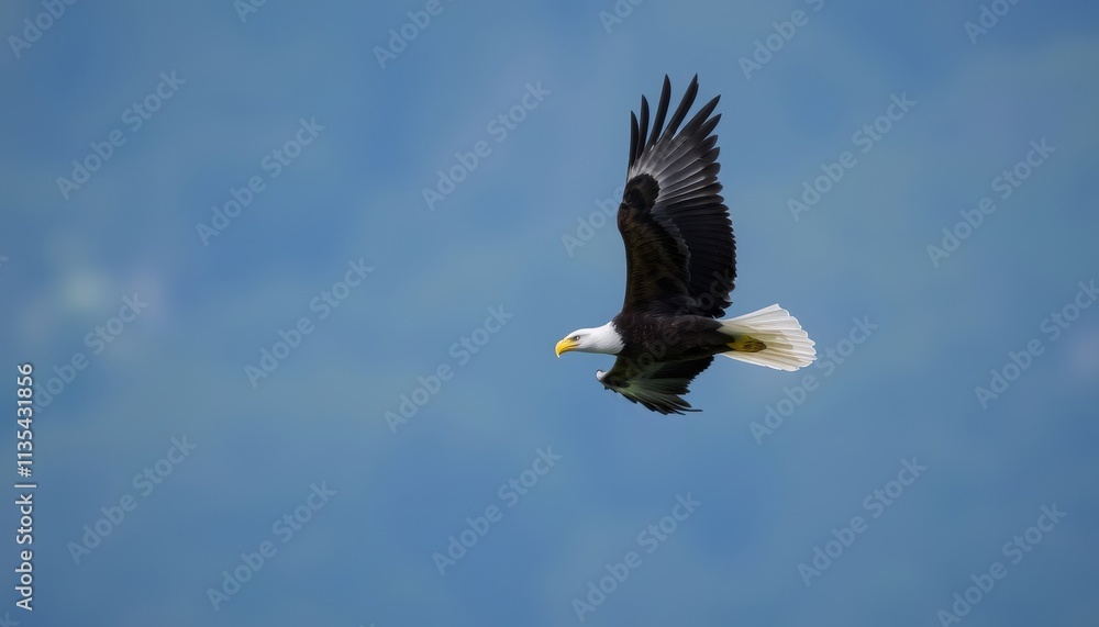 Majestic Soarer A Dark-feathered Bird of Prey in Mid-flight Against a Brilliant Blue Sky, Showcasing Its Striking White Head and Tail. Majestic Soarer A Dark-feathered Bird of Prey in Mid-flight Against a Brilliant Blue Sky, Showcasing Its Striking White Head and Tail.