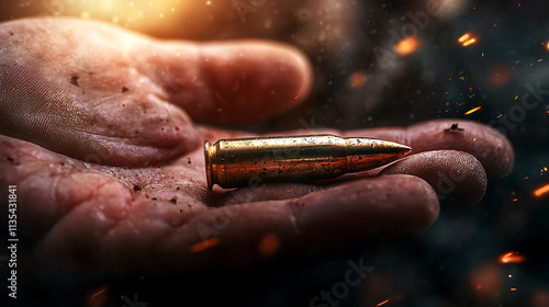 macro shot of bullet resting on soldier palm, symbolizing tension and conflict. warm light enhances dramatic atmosphere photo