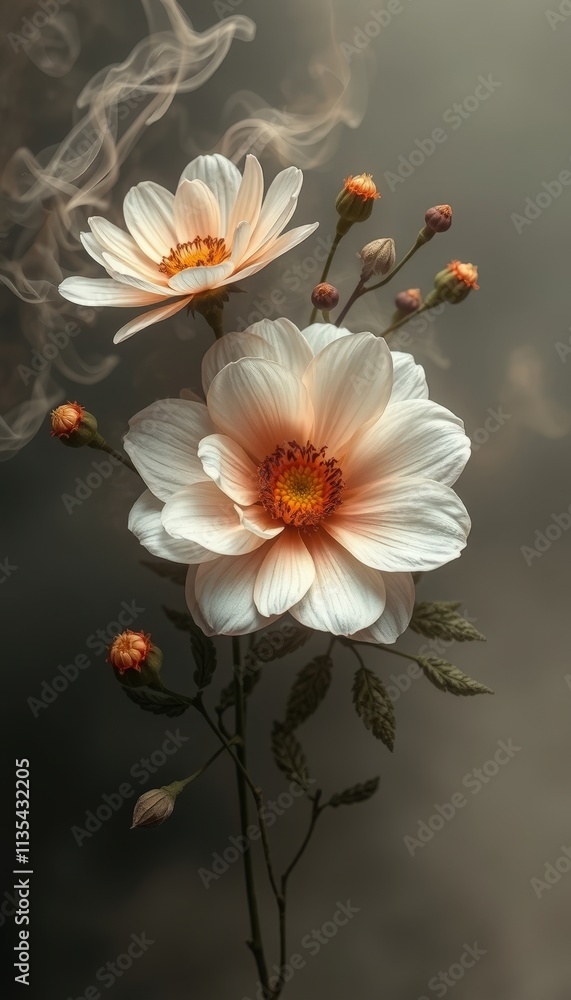 Fototapeta premium Whispers of Spring Two radiant white blossoms with vibrant orange hearts bloom amidst delicate buds, enveloped in a mystical, misty haze that evokes a serene, dreamlike ambiance.
